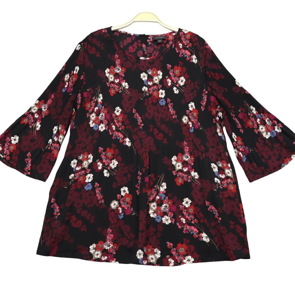 J Jill Wearever Floral Tunic XLP Pleated Flowy Chiffon Bell Sleeve Boho Top